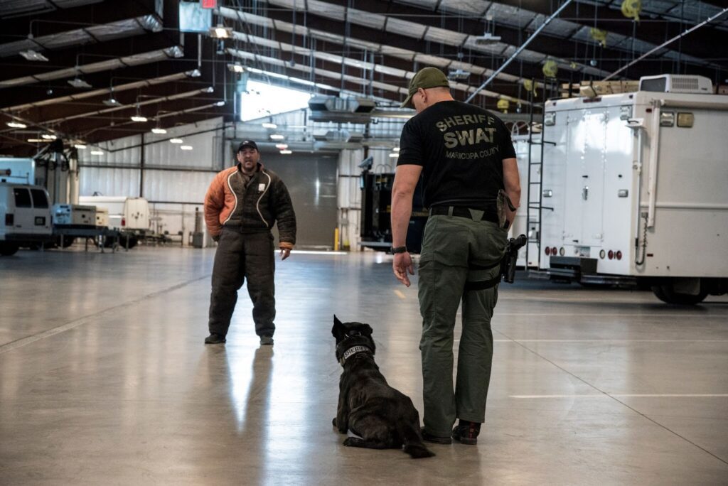 patrol-dogs1-1024x684 Two men and a dog in an indoor warehouse.